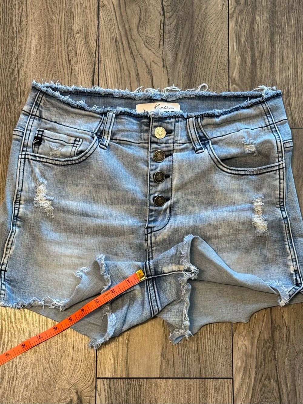 KanCan High Rise Button Fly Distressed Denim Shorts Raw Hem Size L - Picture 6 of 10